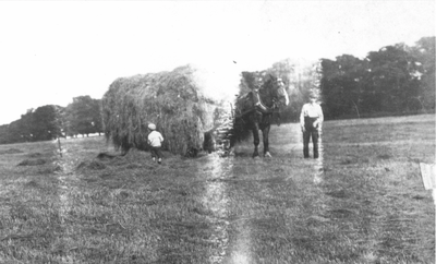 Children in fields around Clayton Hall with hay cart