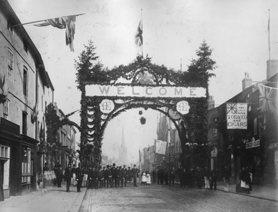 Visit of the Prince of Wales: floral arch, Friargate, Preston