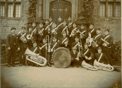 Burnley Temperance Prize Brass Band outside Gawthorpe Hall, Padiham