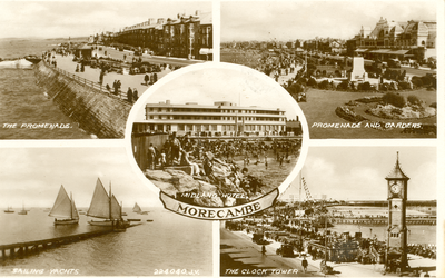 Postcard containing several Morecambe scenes.