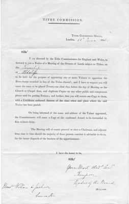 Letter from The Tithe Commission  to Messrs Willan and Jackson, Lancaster