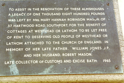 Commemorative plaque for the almshouses next to Lathom Chapel