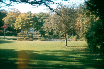 Towneley Hall, Burnley, looking across lakes to Stables Café.