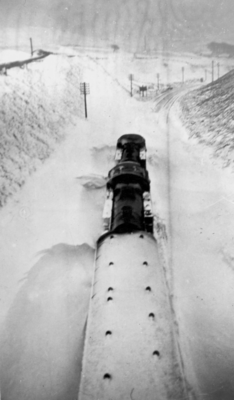 Train in snow drift, Rising Bridge