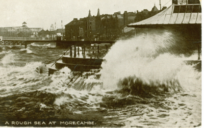 A Rough Sea at Morecambe, showing West Pier