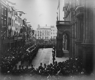 Visit of the Prince of Wales: mounted escort and crowds outside the Town Hall, Cheapside, Preston