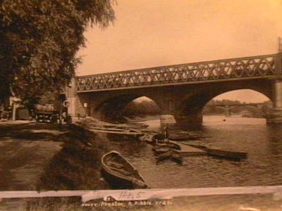 Rowing boat landing stage and North Union Railway Bridge, River Ribble, Preston