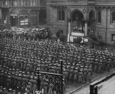 Loyal North Lancashire Regiment laying up their colours, Market Place, Preston