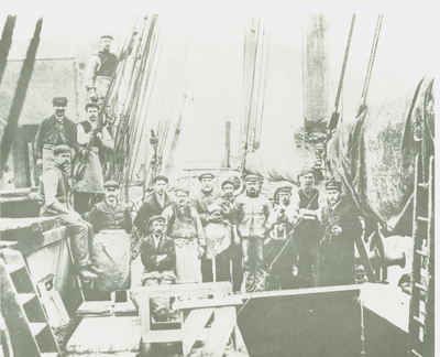 Captain and crew aboard the coasting schooner, Mary B. Mitchell