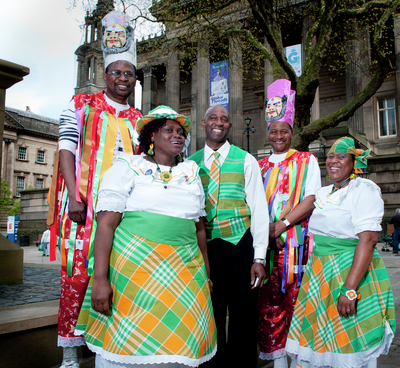 Preston Montserrat and Friends Association In costume outside the Harris Library, Museum and Art Gallery
