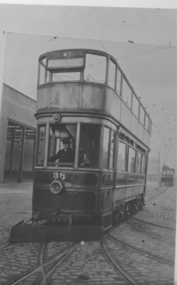 Electric tram with snow plough, Burnley depot