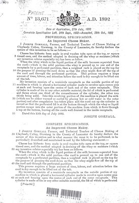 Joseph Gornall's Patent for An Improved Cheese Maker 1892
