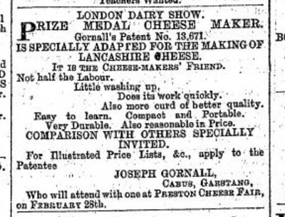 Advert for Prize Medal Cheesemaker, Preston